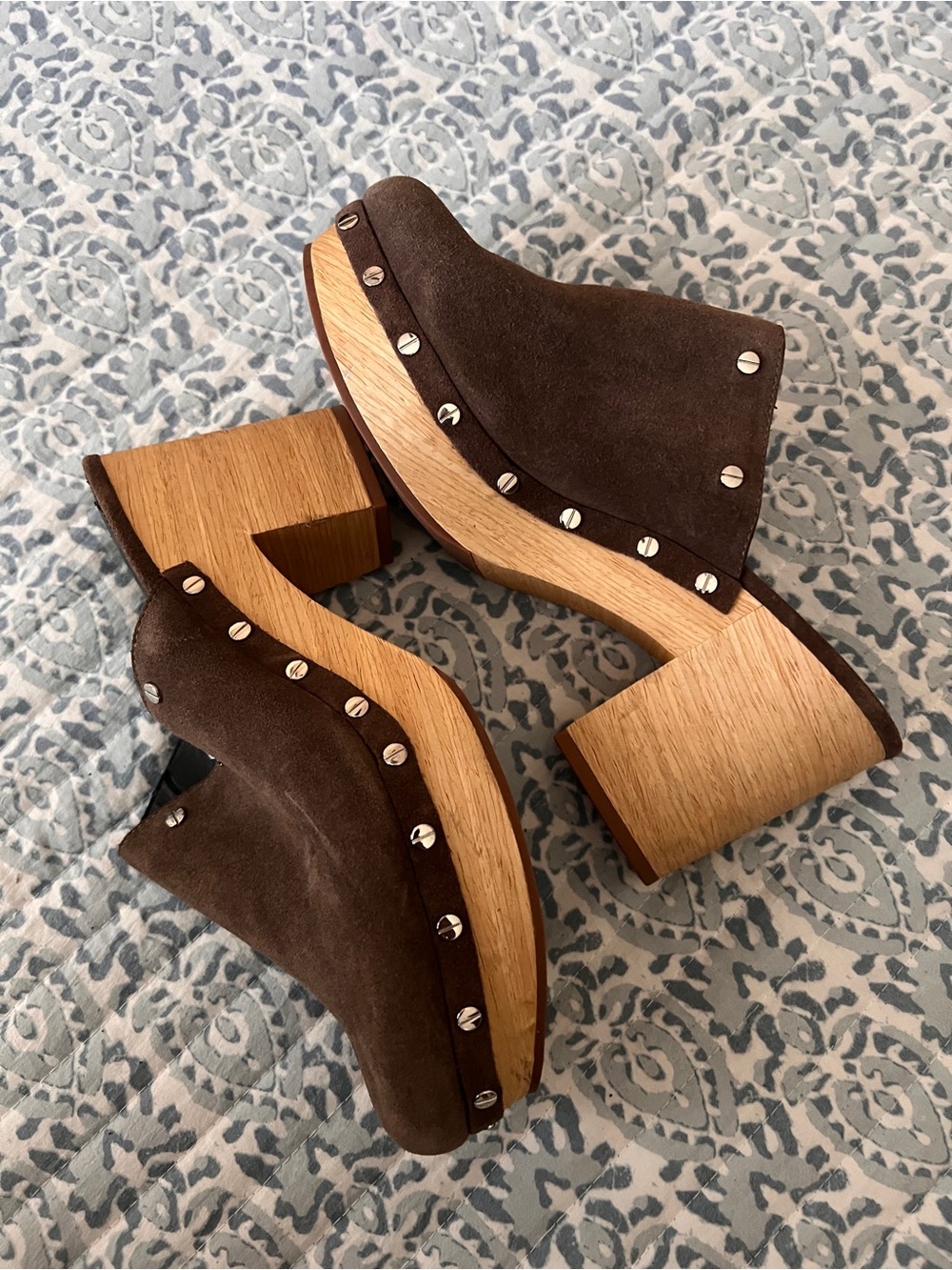 Rebecca Minkoff Dark Brown Suede Studded Wooden Clogs